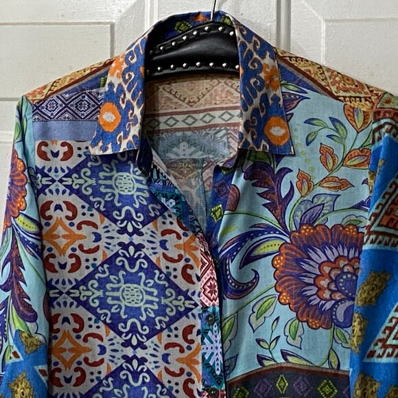 Avani Del Amour Sz S Shirt Tunic Long Sleeve Multicolor Patchwork Mixed Print - Picture 2 of 7
